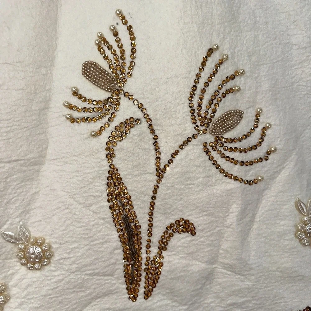 STUNNING Heavy Gold Beaded Table Ivory Large Tablecloth Topper Thick Felt Fabric